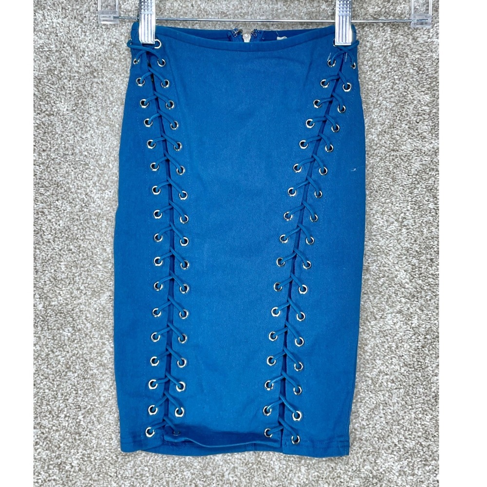 Hot & Delicious Lace Up Front Bodycon Mini Skirt Womens S Blue Y2K Streetwear